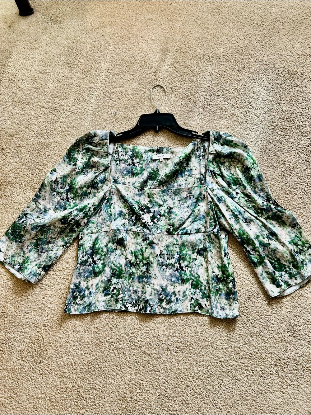 Vince Green and White Floral Square-Neck Blouse